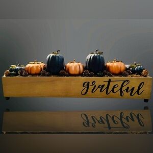 Beautiful Thanksgiving Center Piece , wooden box with acorns , leaves.